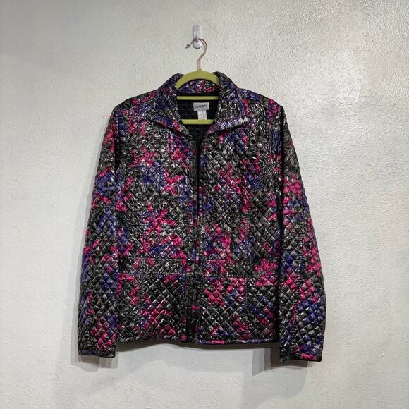 Chico's Metallic Shimmer Floral Paisley Quilted Full Zip Jacket Sz 2/L - Picture 2 of 14